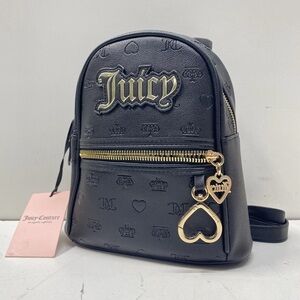 Juicy Couture Women Mini Backpack - Black Crown Embossed Gold Heart Charm